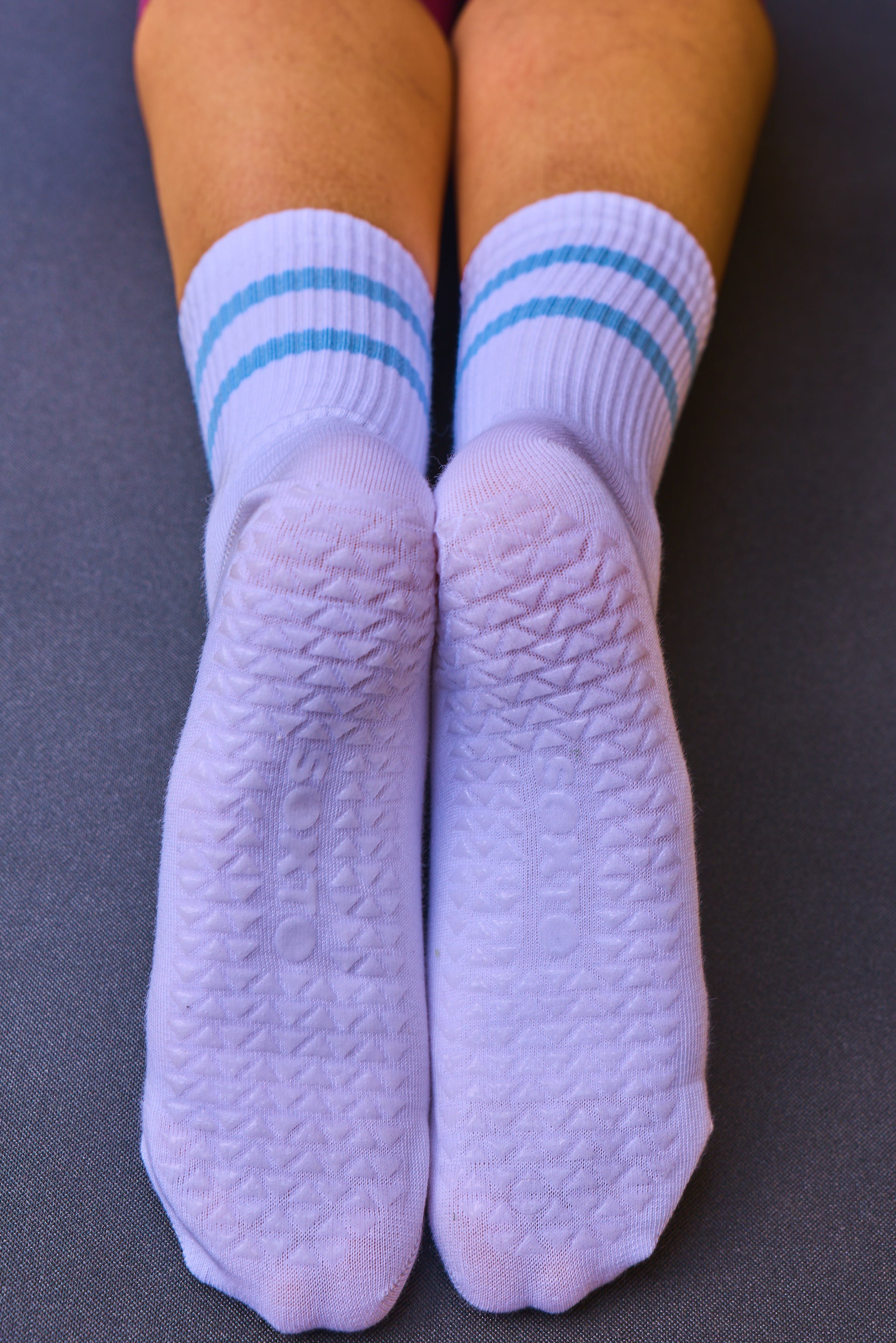 Half Calf Pilates White with Blue Stripes