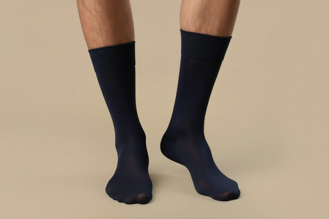 Navy knee-high socks worn by a person on a beige background